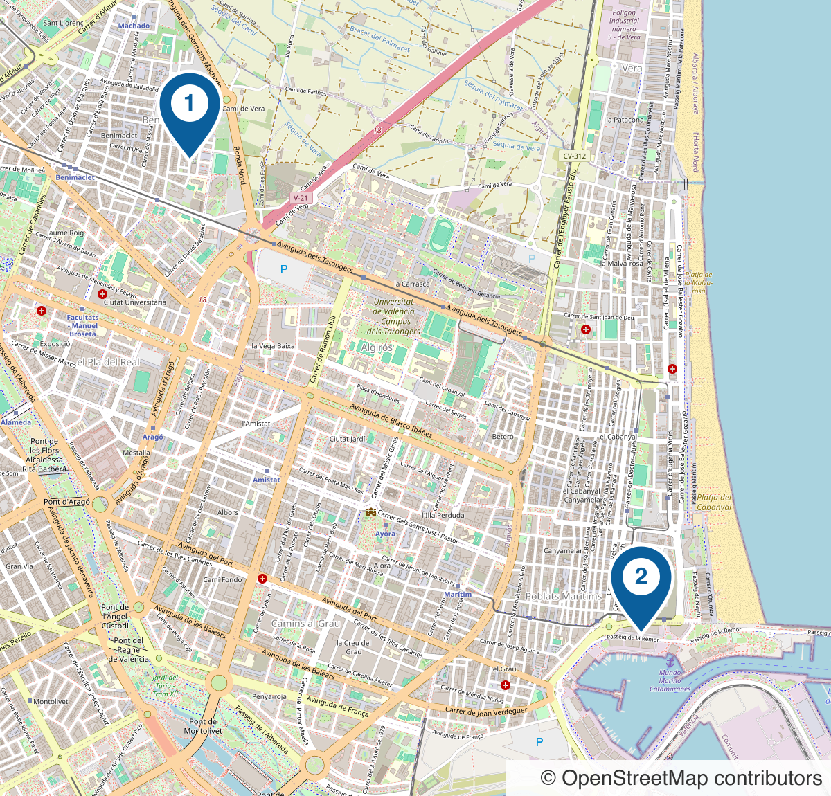 Mapa con la oficina de GMAO CLOUD en Benimaclet (1) y la sede de Lanzadera en la Marina de València (2)